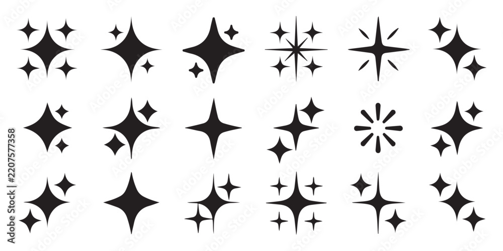 Fototapeta premium Sparkle stars glitter effect, black shiny magic light glowing in flat style, decorative element for design, set of vector illustration.