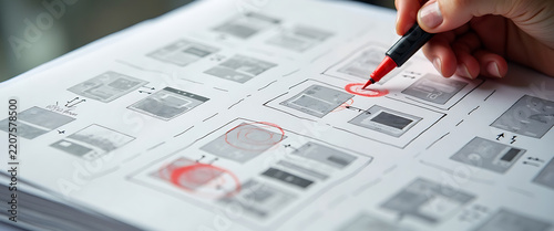 Close-up on user interface wireframe sketches being marked with red pen.