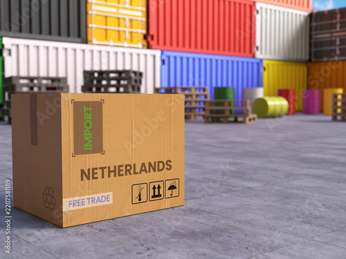 Cardboard Import Box with Netherlands Text in Front of Stacked Shipping Containers