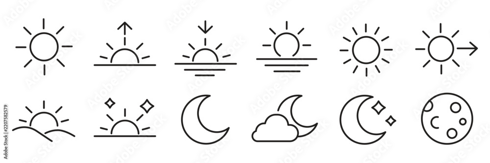 Fototapeta premium time of the day and night line icon set. Sunshine, UV radiation, sunrise, daylight, clear weather, heat and partly cloudy symbols linear minimal vector illustration. Editable Stroke. 