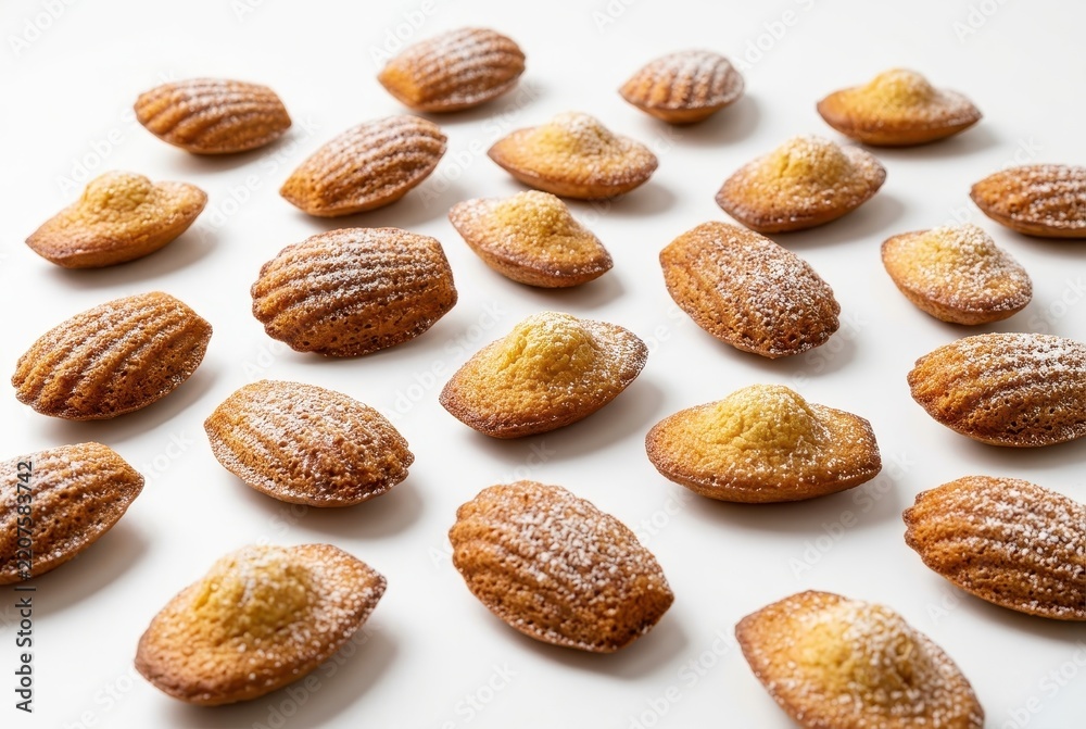 Obraz premium Freshly Baked French Madeleine Cookies with Powdered Sugar Dusted on Top Arranged on White Background