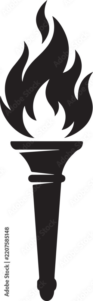 Obraz premium Flaming torch featuring a stylized fire element is presented in a black vector silhouette style on a white background.