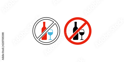 Black and red no alcohol allowed icon symbol with bottle and glass for beverage restriction.
