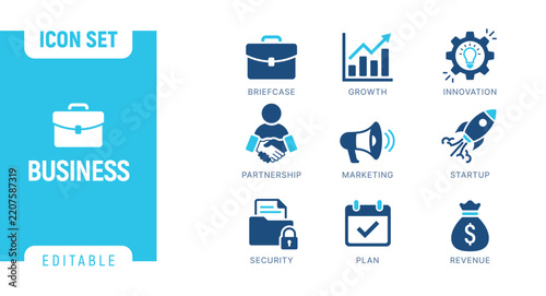Minimalist Business and Finance Solid Icon Set with Briefcase, Growth Chart, Innovation, Partnership, Rocket, Calendar and Money Bag