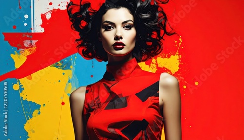 Elegant woman in red dress with abstract paint splashes.