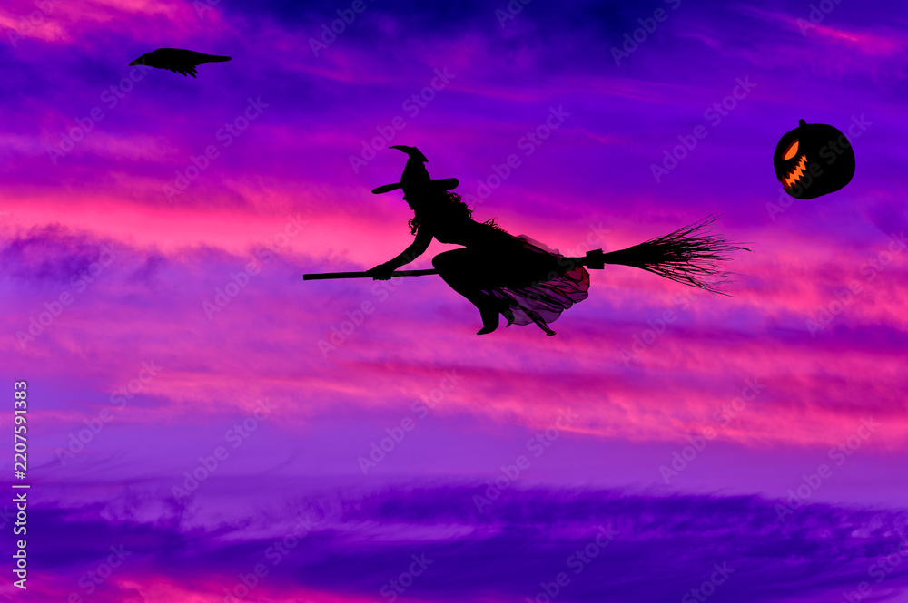 Fototapeta premium Halloween Silhouette of Witch Flying on Broomstick Against Vibrant Sunset Sky with Jack-O'-Lantern and Raven, Spooky Autumn Background