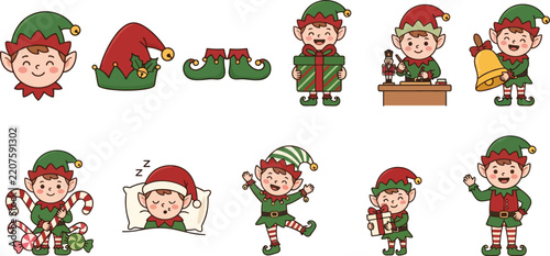 Cute Christmas Elf Character Collection Vector Illustration Featuring Santa's Little Helpers Making Toys, Holding Gifts, Sleeping, and Celebrating Festive Holiday Season Fun Graphics