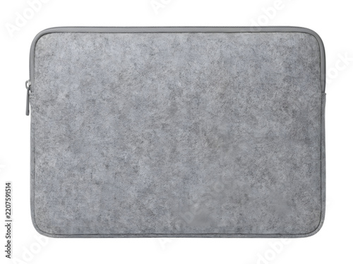 A gray felt laptop sleeve case with a zipper closure isolated on white background