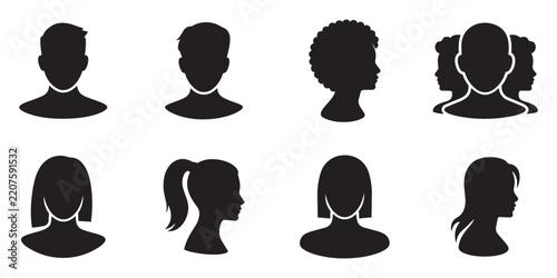 People profile avatar silhouette set with male and female heads in front view side view and group configurations.