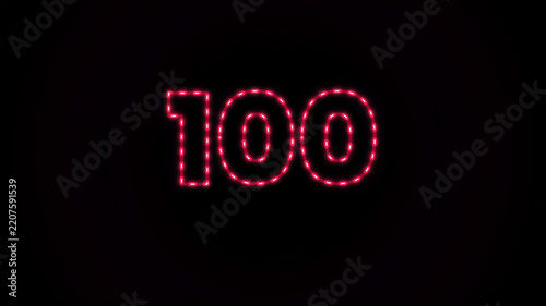 Bright neon red number one hundred on a dark black background