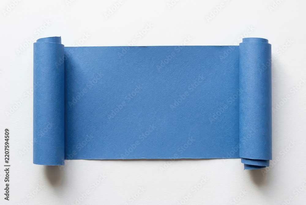 Obraz premium Minimalist Blue Paper Scroll Banner with Rolled Edges on White Background for Copy Space and Design