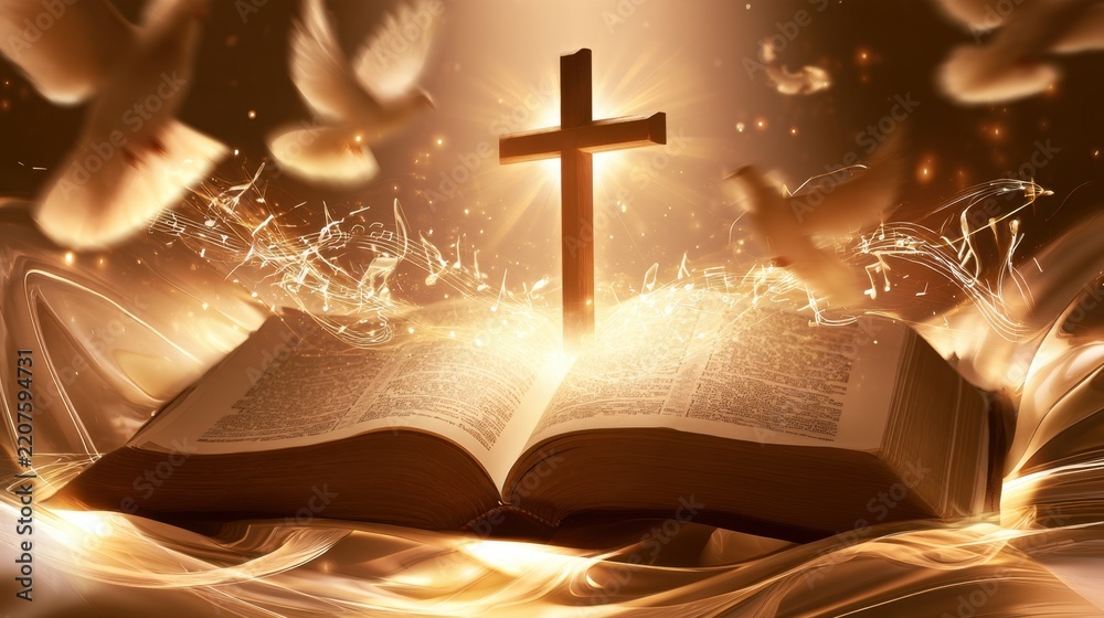 Obraz premium Glowing wooden cross emerging from open ancient book with floating feathers and radiant light beams in warm golden tones