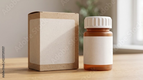 Mockup presentation for Healthcare Packaging featuring a blank medicine box and pill bottle on a wooden table