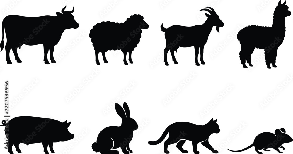 Obraz premium Farm And Domestic Animal Silhouette Icon Collection With Livestock And Pet Symbols For Graphic Design Projects