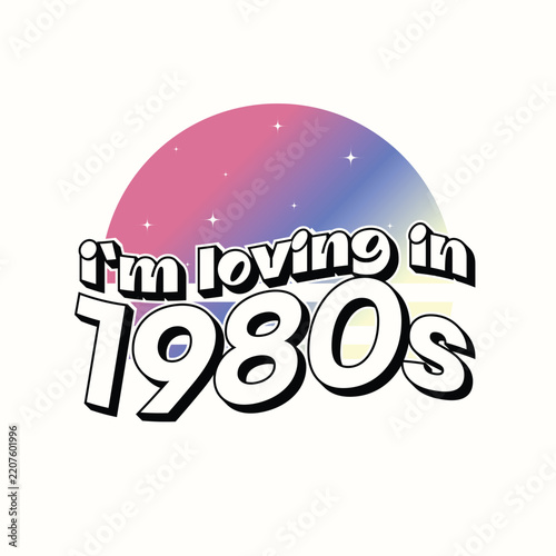 Monochrome Black and White Wavy Typography of 'I'm Loving in 1980s' with Sunset in Pastel Foil Color Gradient' behind it