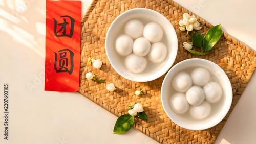 Bowl of white round dumplings on woven mat