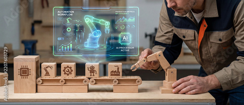 Skilled technician assembling wooden conveyor belt model with futuristic hologram interface displaying automated robotics workflow data