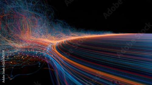 Chaotic tangle of glowing multicoloured light threads on the left resolving into neat parallel lines, with soft shadows and a calm composition