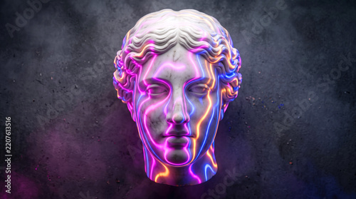 Classic Greek Bust Statue with Colorful Neon Light Wave Projection