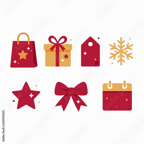 Christmas icons set including gift bag present box tag snowflake star bow and calendar flat design elements for holiday season marketing and celebration