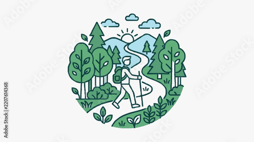 Illustrated hiker walking through a lush green forest path.