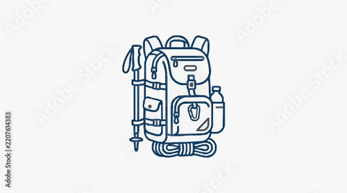 Illustrated hiking backpack with outdoor gear and accessories.