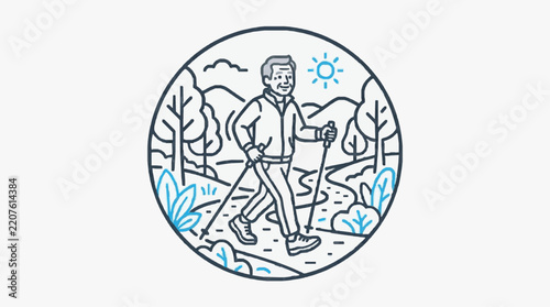 Illustrated hiker walking in nature with trekking poles.