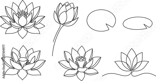 Lotus Flower Line Art Vector Icon Set Featuring Minimalist Water Lily Blooms Buds and Lily Pad Graphics