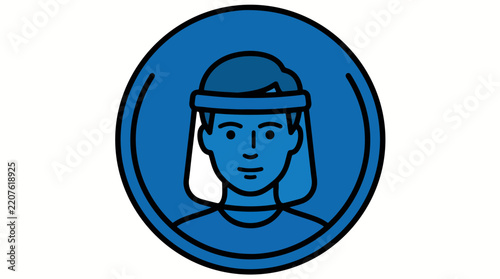 Minimalist blue icon of a person wearing a protective face shield for health safety.