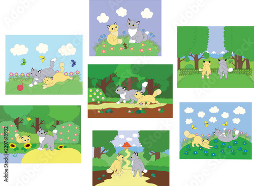 Cute cartoon fluffy kittens friendship adventure illustrations mega pack, funny little cats characters, fairytale summer forest landscape scenes for kids book.