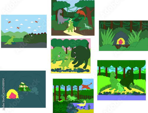Cute cartoon dinosaurs adventure illustrations mega pack set, funny little t-rex character, prehistoric landscape storyboard scenes for kids book.