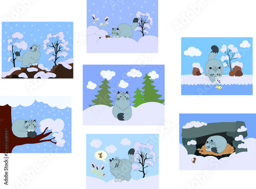 Cute cartoon pallas cat manul winter adventure illustrations mega pack, funny wild kitten character, fairytale snowy nature landscape scenes for kids book.