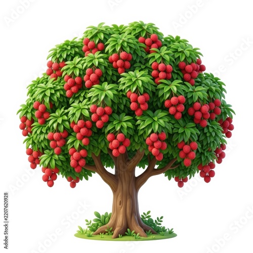 Stylized red berry tree isolated on white background