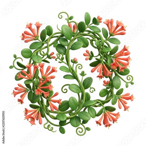Decorative flowering vine wreath isolated on white background