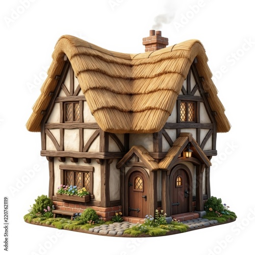Traditional thatched cottage isolated on white background