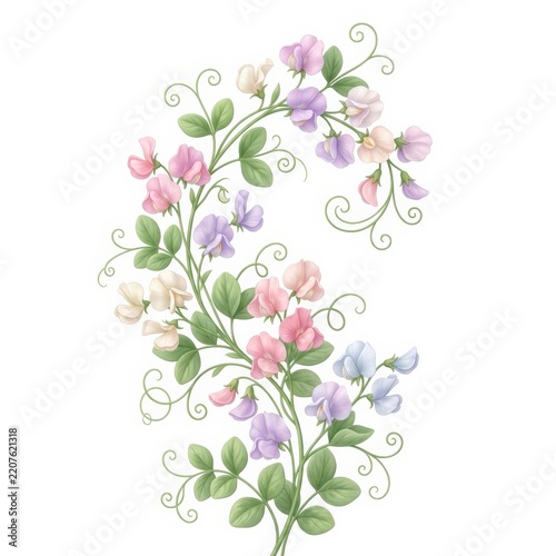 Delicate pastel sweet pea flowering vine on white background