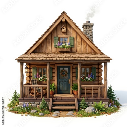 Rustic wooden cabin cottage isolated on white background