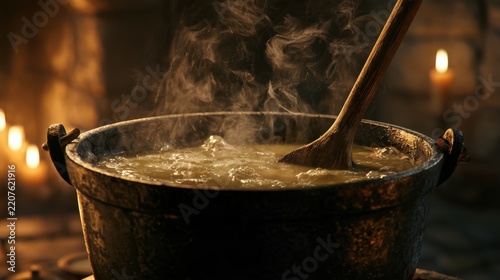 Witch Cauldron Boiling Murky Brew With Wooden Spoon And Steam. AI Generated Image