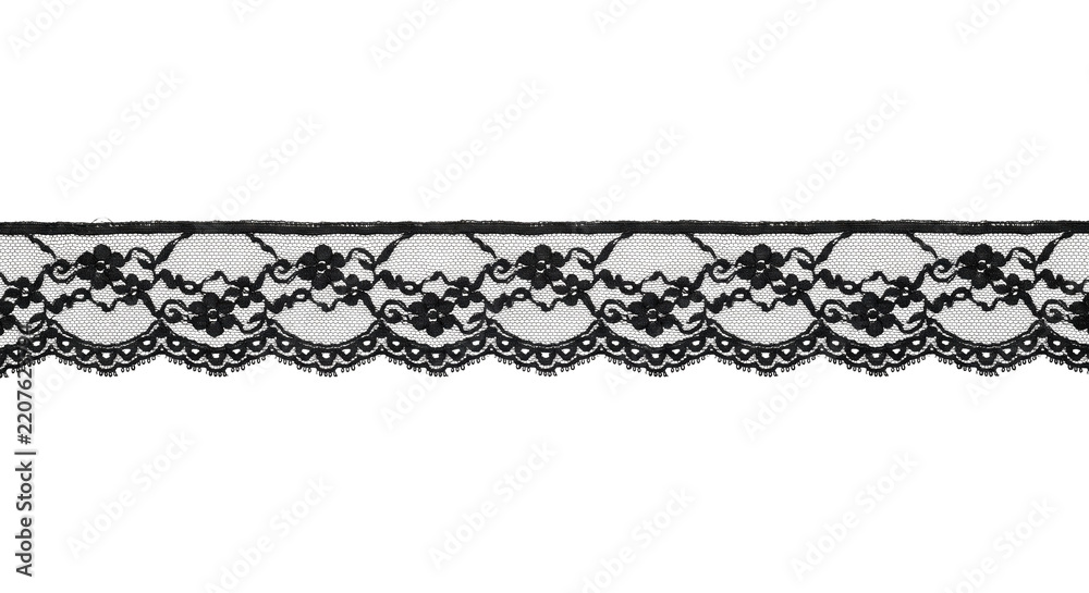 Fototapeta premium Elegant black lace trim with intricate floral patterns and delicate scalloped edges, isolated on a clean white background