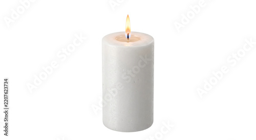 Single white pillar candle with a bright, warm flame burning steadily against a clean white background