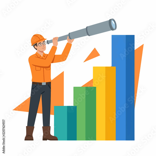 Engineer Using Telescope To Look For Business Growth Near Rising Bar Chart
