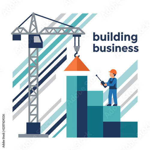 Business Growth Concept With Construction Crane And Bar Chart Illustration