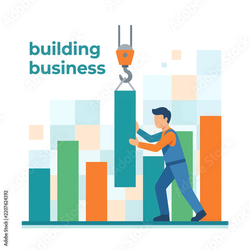 Construction Worker Building a Rising Bar Chart for Business Growth Strategy Concept