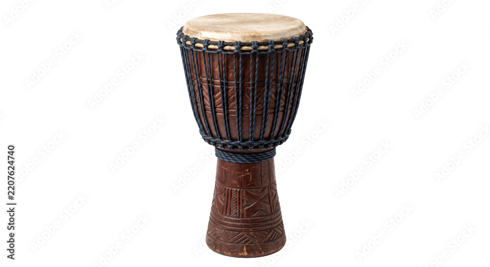 Fototapeta premium Traditional African djembe drum with carved wooden body and rawhide head, isolated on a clean white background