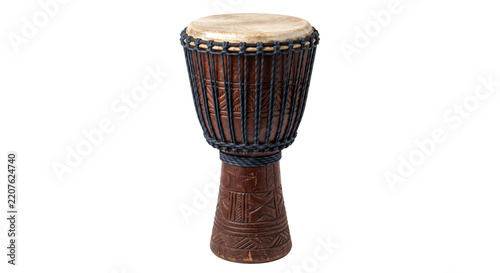 Traditional African djembe drum with carved wooden body and rawhide head, isolated on a clean white background