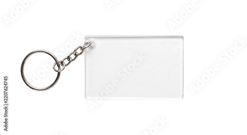 Clear rectangular plastic keychain with a silver metal ring and chain, isolated on a white background