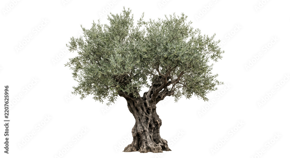Obraz premium Ancient gnarled olive tree with lush green foliage stands majestically against a clean white background, showcasing its textured trunk and branches