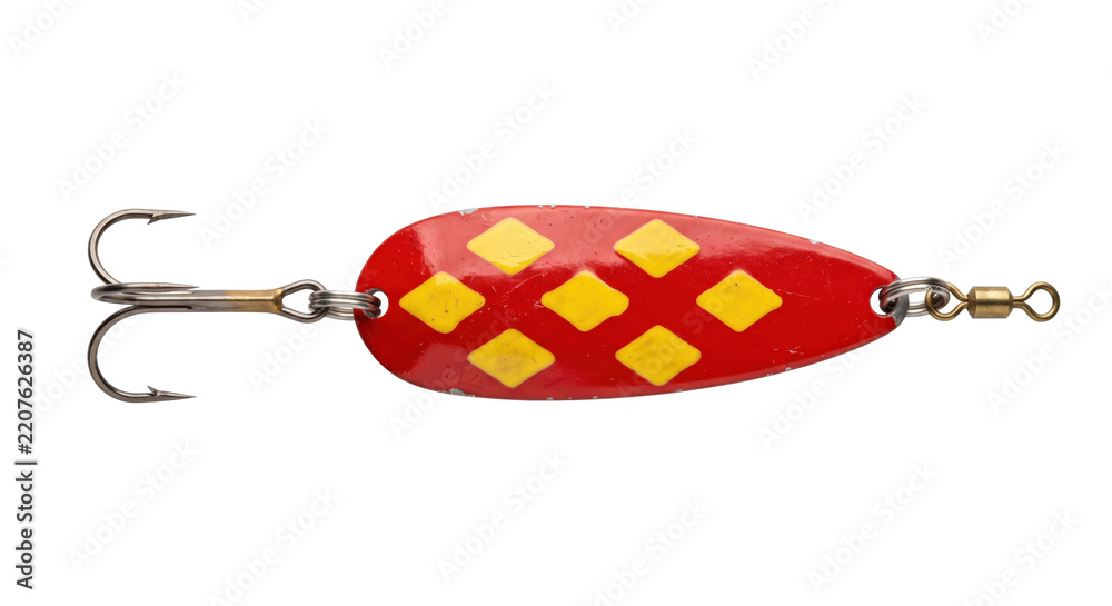 Obraz premium Vibrant red and yellow patterned fishing lure with a sharp treble hook, isolated on a clean white background