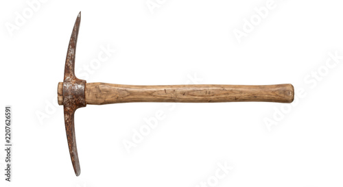 Old rusty pickaxe with a wooden handle is horizontally positioned against a clean white background, showcasing its weathered texture