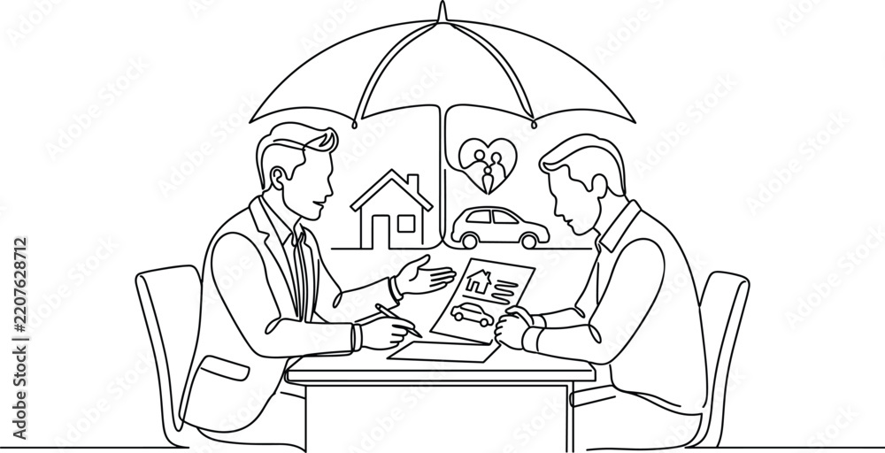 Fototapeta premium Insurance Agent Explains Policy Under Umbrella with Home Car Family Icons
